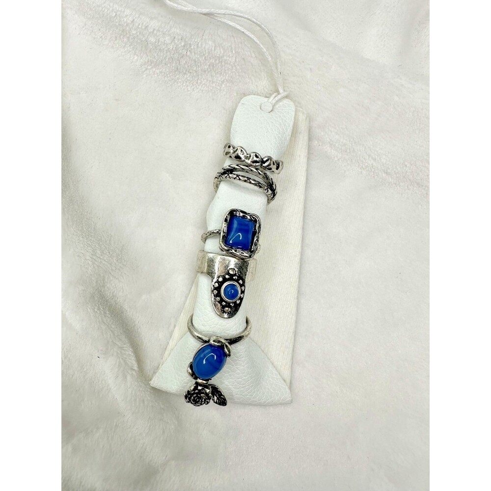NEW Free People Silver Tone Blue Stone Statement Rings Set of 5 Boho Jewelry - Picture 2 of 3